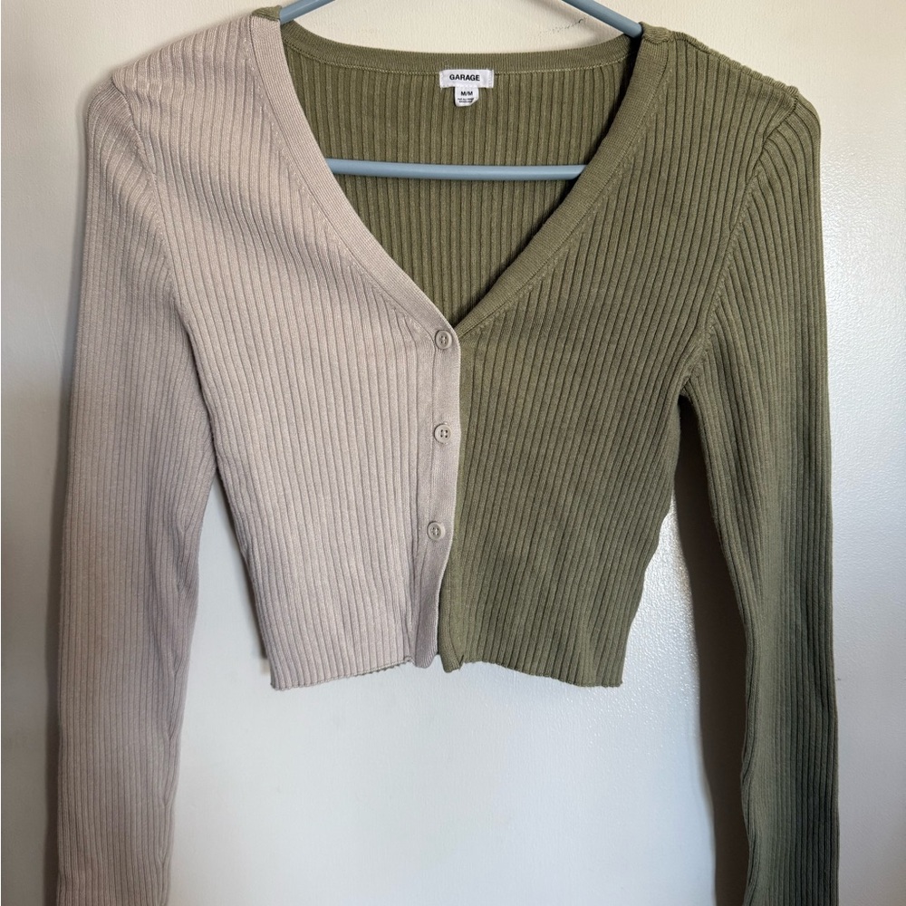 Garage Two-Tone Olive and Cream Cropped Cardigan